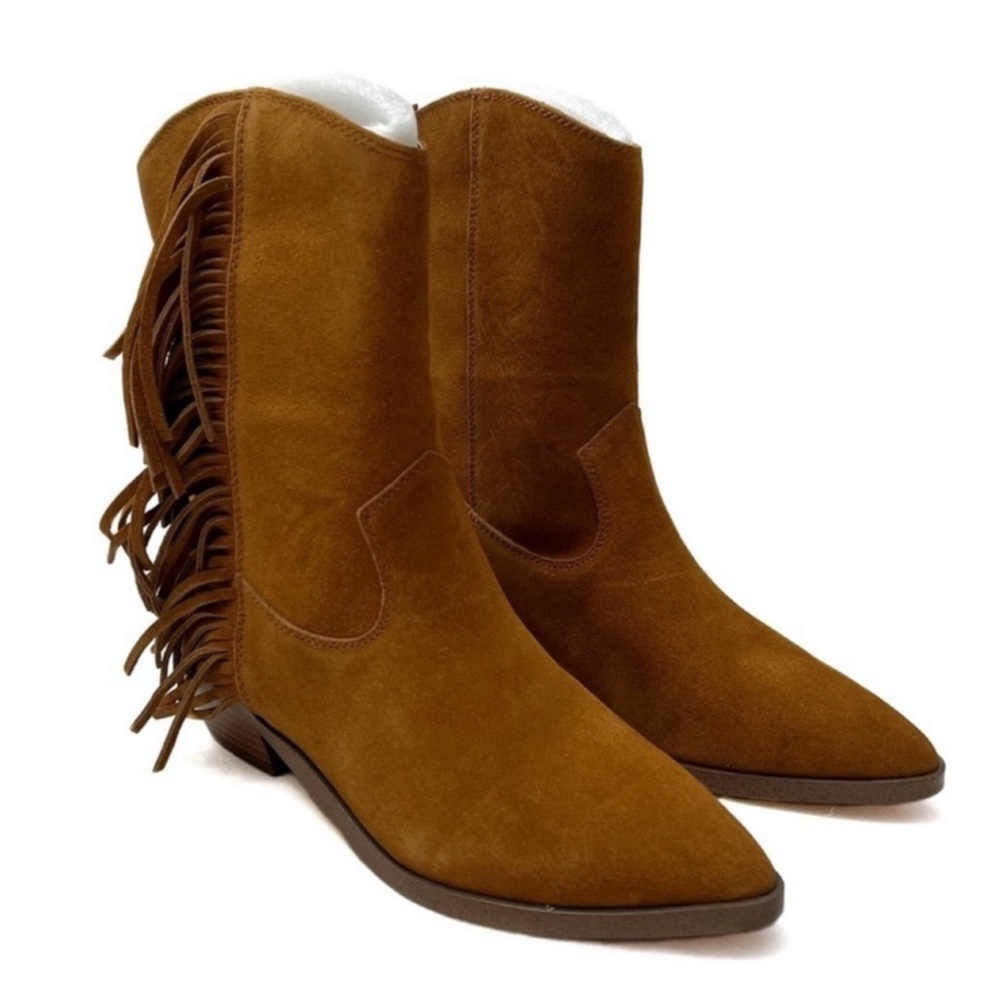 Nanette Lepore Western Boots Cognac Monica Suede Fringe Size 7 - Picture 2 of 11